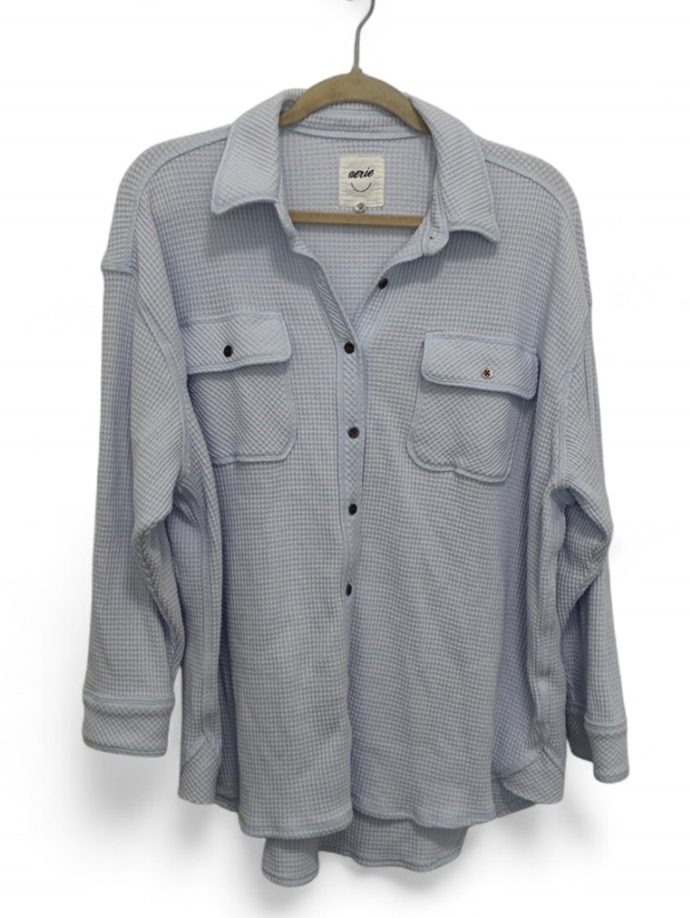 Aerie Pale Blue Waffle Oversized Long Sleeve Button-Down Shirt